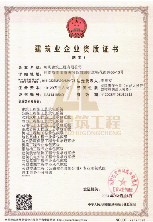 彰利建筑工程有限公司證書